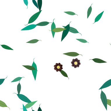 Serbest kompozisyonda yeşil yapraklı basit çiçekler, vektör illüstrasyonu