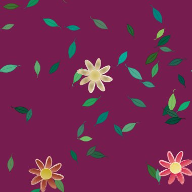 basit renkli çiçekleri olan serbest kompozisyon ve duvar kağıdı için yeşil yapraklar, vektör illüstrasyonu