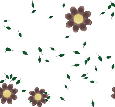 Basit renkli çiçekleri ve arka planda yeşil yaprakları olan güzel kompozisyon, vektör illüstrasyonu