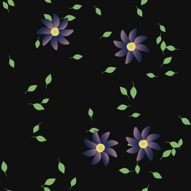 basit renkli çiçekleri olan serbest kompozisyon ve duvar kağıdı için yeşil yapraklar, vektör illüstrasyonu