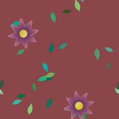 basit renkli çiçekleri olan serbest kompozisyon ve duvar kağıdı için yeşil yapraklar, vektör illüstrasyonu