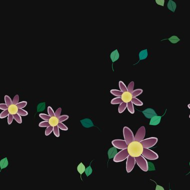 Serbest kompozisyonda yeşil yapraklı basit çiçekler, vektör illüstrasyonu