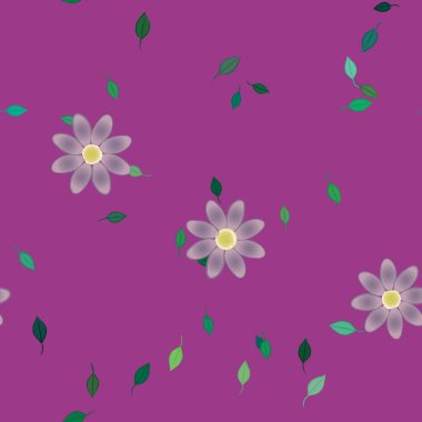 Basit renkli çiçekleri ve arka planda yeşil yaprakları olan güzel kompozisyon, vektör illüstrasyonu