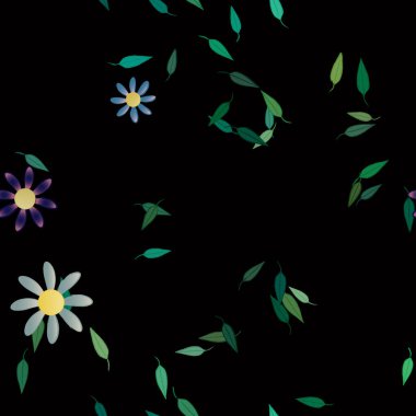 basit renkli çiçekleri olan serbest kompozisyon ve duvar kağıdı için yeşil yapraklar, vektör illüstrasyonu