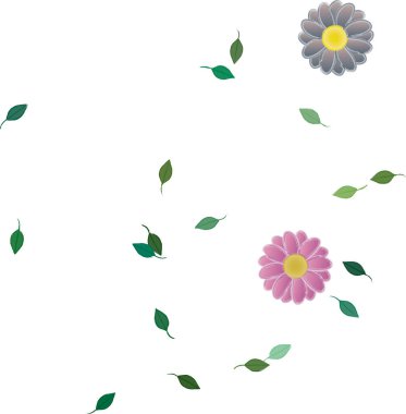 Basit çiçek ve yeşil yapraklı tasarım kompozisyonu, vektör illüstrasyonu