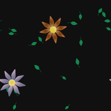 Serbest kompozisyonda yeşil yapraklı basit çiçekler, vektör illüstrasyonu