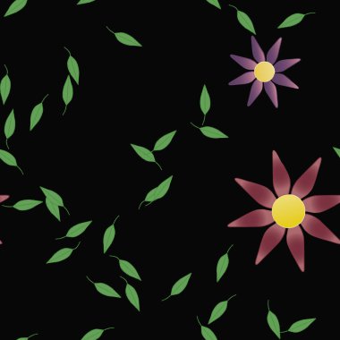 Serbest kompozisyonda yeşil yapraklı basit çiçekler, vektör illüstrasyonu