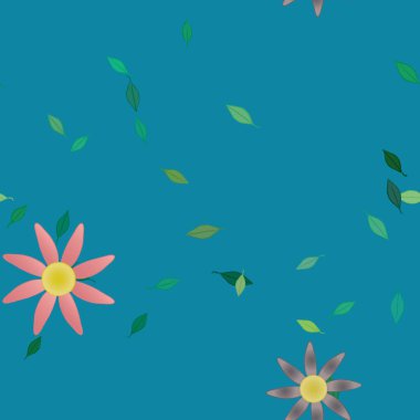 Basit renkli çiçekleri ve arka planda yeşil yaprakları olan güzel kompozisyon, vektör illüstrasyonu