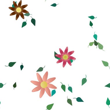 Basit renkli çiçekleri ve arka planda yeşil yaprakları olan güzel kompozisyon, vektör illüstrasyonu