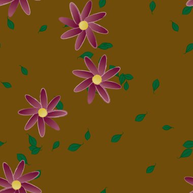 basit renkli çiçekleri olan serbest kompozisyon ve duvar kağıdı için yeşil yapraklar, vektör illüstrasyonu