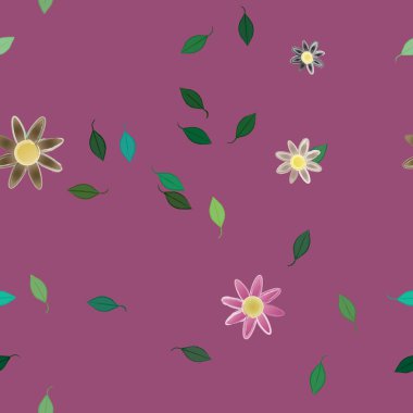 basit renkli çiçekleri olan serbest kompozisyon ve duvar kağıdı için yeşil yapraklar, vektör illüstrasyonu