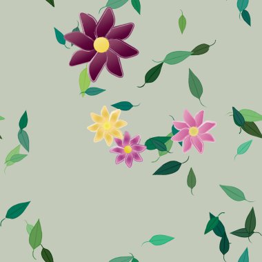 Basit renkli çiçekleri ve arka planda yeşil yaprakları olan güzel kompozisyon, vektör illüstrasyonu