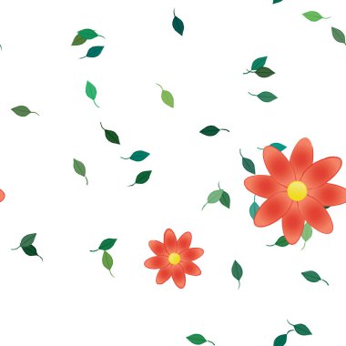 Basit renkli çiçekleri ve arka planda yeşil yaprakları olan güzel kompozisyon, vektör illüstrasyonu