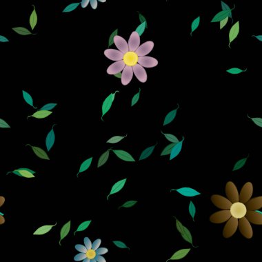 Basit renkli çiçekleri ve arka planda yeşil yaprakları olan güzel kompozisyon, vektör illüstrasyonu