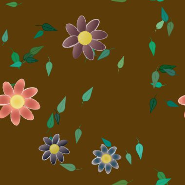 basit renkli çiçekleri olan serbest kompozisyon ve duvar kağıdı için yeşil yapraklar, vektör illüstrasyonu