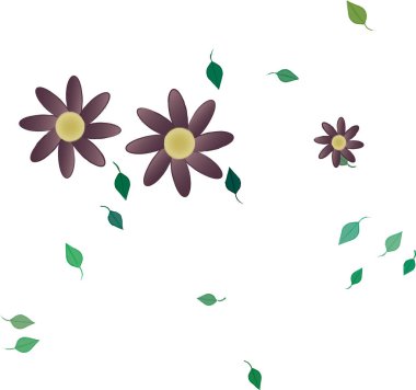 basit renkli çiçekleri olan serbest kompozisyon ve duvar kağıdı için yeşil yapraklar, vektör illüstrasyonu