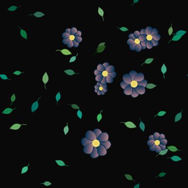 Serbest kompozisyonda yeşil yapraklı basit çiçekler, vektör illüstrasyonu