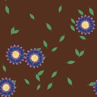 Basit renkli çiçekleri ve arka planda yeşil yaprakları olan güzel kompozisyon, vektör illüstrasyonu