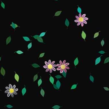 basit renkli çiçekleri olan serbest kompozisyon ve duvar kağıdı için yeşil yapraklar, vektör illüstrasyonu