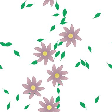 Serbest kompozisyonda yeşil yapraklı basit çiçekler, vektör illüstrasyonu