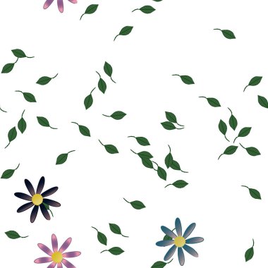 Serbest kompozisyonda yeşil yapraklı basit çiçekler, vektör illüstrasyonu