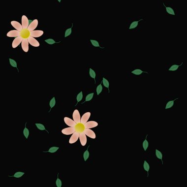 Serbest kompozisyonda yeşil yapraklı basit çiçekler, vektör illüstrasyonu