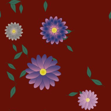 Serbest kompozisyonda yeşil yapraklı basit çiçekler, vektör illüstrasyonu