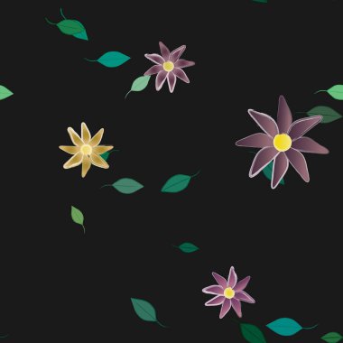 Serbest kompozisyonda yeşil yapraklı basit çiçekler, vektör illüstrasyonu