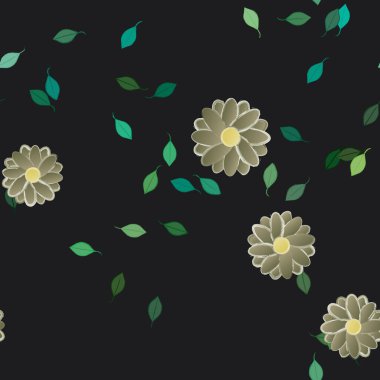 basit renkli çiçekleri olan serbest kompozisyon ve duvar kağıdı için yeşil yapraklar, vektör illüstrasyonu