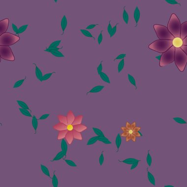 basit renkli çiçekleri olan serbest kompozisyon ve duvar kağıdı için yeşil yapraklar, vektör illüstrasyonu