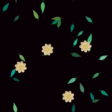 Basit renkli çiçekleri ve arka planda yeşil yaprakları olan güzel kompozisyon, vektör illüstrasyonu