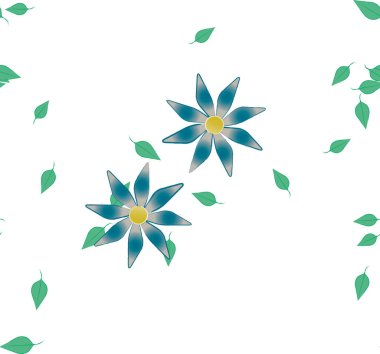 Basit renkli çiçekleri ve arka planda yeşil yaprakları olan güzel kompozisyon, vektör illüstrasyonu