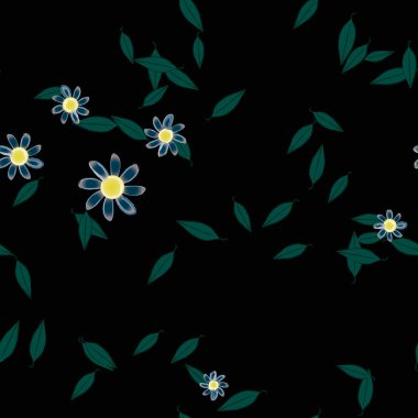 Serbest kompozisyonda yeşil yapraklı basit çiçekler, vektör illüstrasyonu