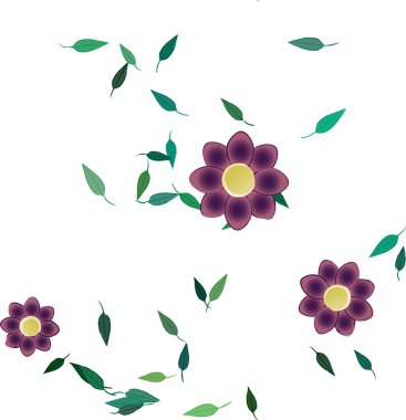 Basit renkli çiçekleri ve arka planda yeşil yaprakları olan güzel kompozisyon, vektör illüstrasyonu