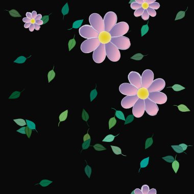 Serbest kompozisyonda yeşil yapraklı basit çiçekler, vektör illüstrasyonu