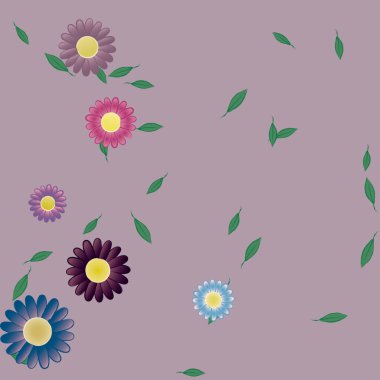 Basit çiçek ve yeşil yapraklı tasarım kompozisyonu, vektör illüstrasyonu