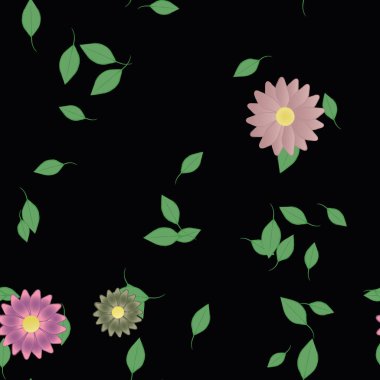 Basit renkli çiçekleri ve arka planda yeşil yaprakları olan güzel kompozisyon, vektör illüstrasyonu