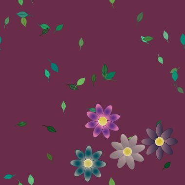 Serbest kompozisyonda yeşil yapraklı basit çiçekler, vektör illüstrasyonu