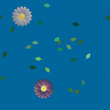 Serbest kompozisyonda yeşil yapraklı basit çiçekler, vektör illüstrasyonu