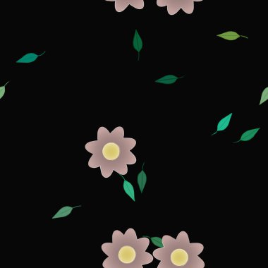 Basit renkli çiçekleri ve arka planda yeşil yaprakları olan güzel kompozisyon, vektör illüstrasyonu