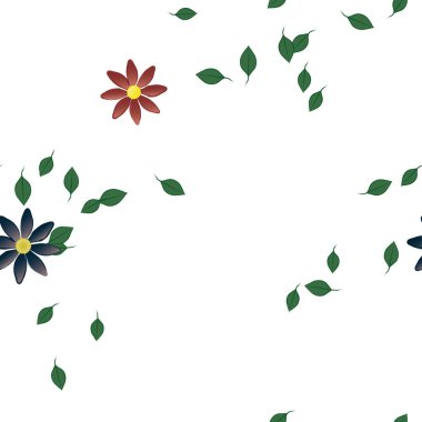 Basit renkli çiçekleri ve arka planda yeşil yaprakları olan güzel kompozisyon, vektör illüstrasyonu