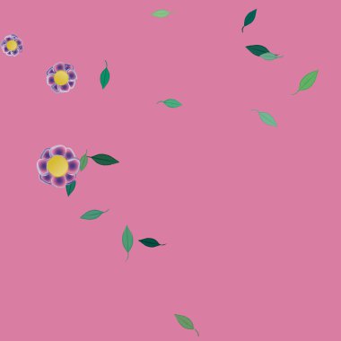 Serbest kompozisyonda yeşil yapraklı basit çiçekler, vektör illüstrasyonu