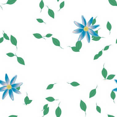 Serbest kompozisyonda yeşil yapraklı basit çiçekler, vektör illüstrasyonu