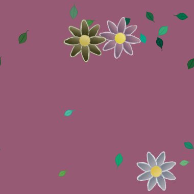 Basit renkli çiçekleri ve arka planda yeşil yaprakları olan güzel kompozisyon, vektör illüstrasyonu