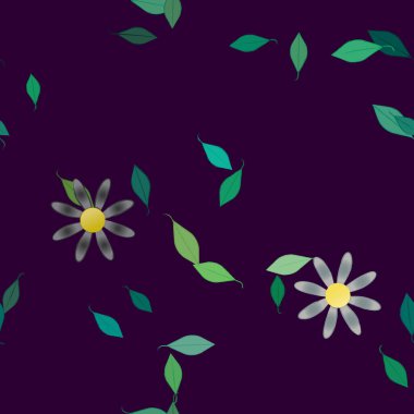 Serbest kompozisyonda yeşil yapraklı basit çiçekler, vektör illüstrasyonu