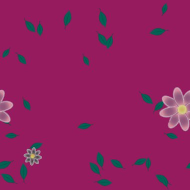 basit renkli çiçekleri olan serbest kompozisyon ve duvar kağıdı için yeşil yapraklar, vektör illüstrasyonu