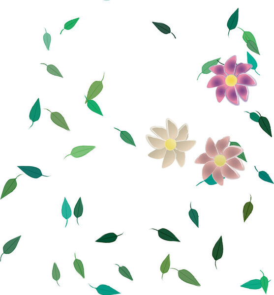 design composition with simple flowers and green leaves, vector illustration