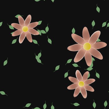 Serbest kompozisyonda yeşil yapraklı basit çiçekler, vektör illüstrasyonu