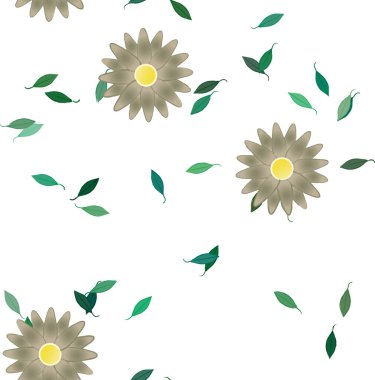 Serbest kompozisyonda yeşil yapraklı basit çiçekler, vektör illüstrasyonu