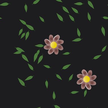 Basit renkli çiçekleri ve arka planda yeşil yaprakları olan güzel kompozisyon, vektör illüstrasyonu